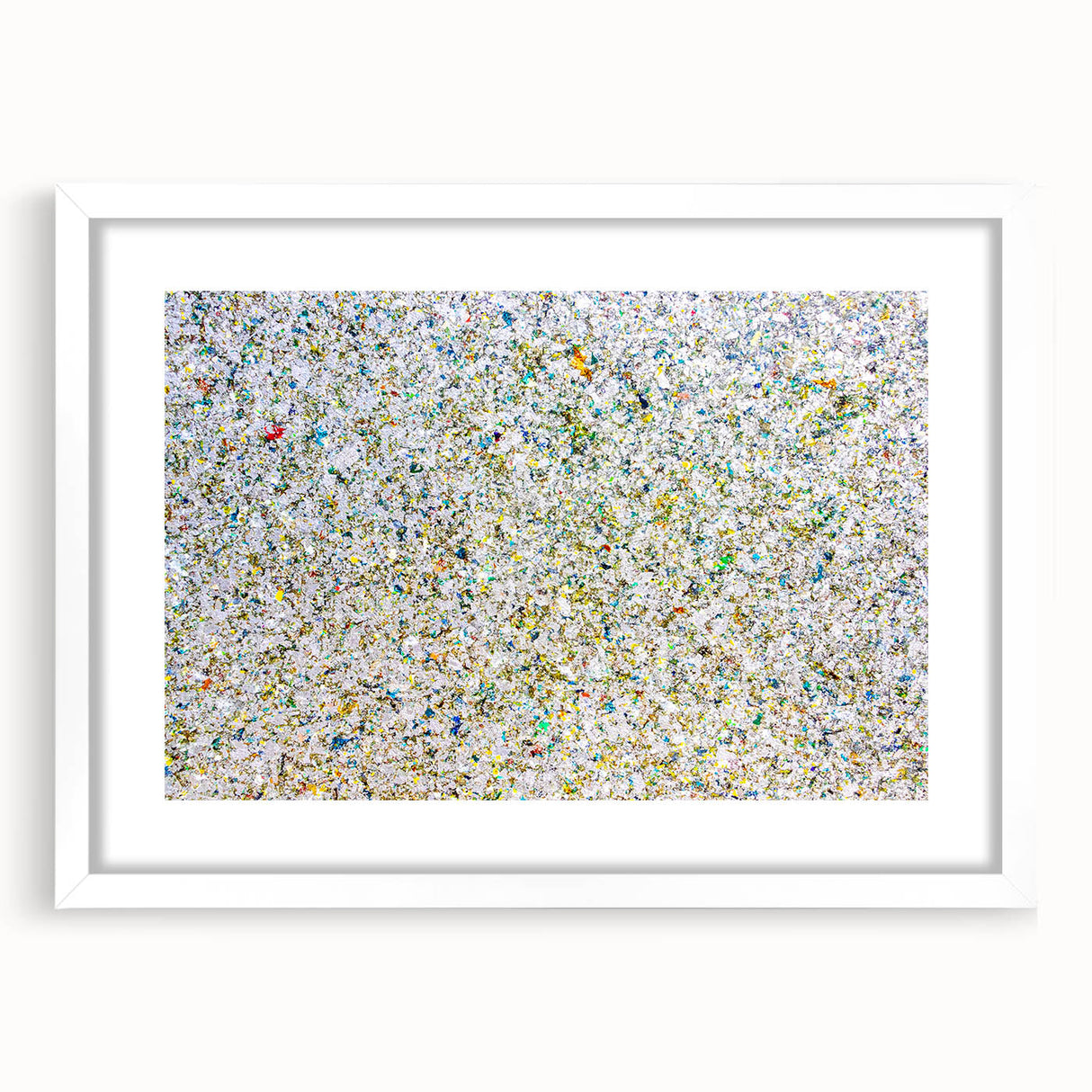 Abstract splatter art frame with a white mat, featuring vibrant colors and unique patterns, ideal for modern decor or gallery walls, enhancing any space's aesthetic.