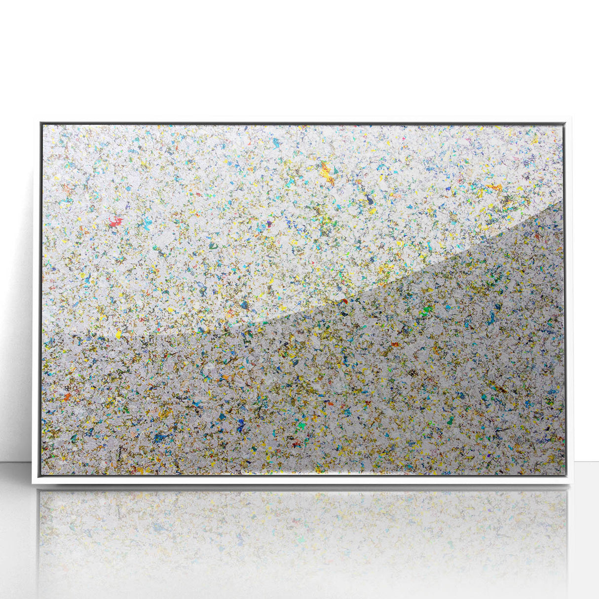 Framed acrylic artwork showcasing vibrant abstract splatters in white and bold colors, perfect for modern home decor or contemporary art enthusiasts.