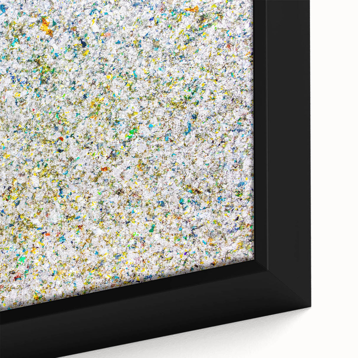 Colorful abstract splatter art print on canvas, showcasing vibrant hues of blue, yellow, and red, framed elegantly for modern home decor. Perfect for contemporary art enthusiasts.