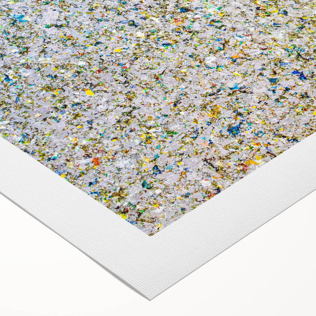 Vibrant abstract splatter design on rolled canvas showcasing a mix of bold colors and dynamic shapes, ideal for modern home decor or art enthusiasts.