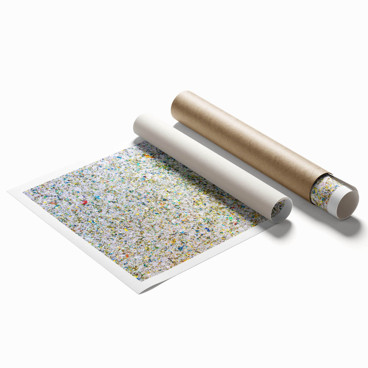 Abstract art print featuring vibrant splatters of blue, yellow, and red on a textured background, rolled for easy transport and display, perfect for modern decor.