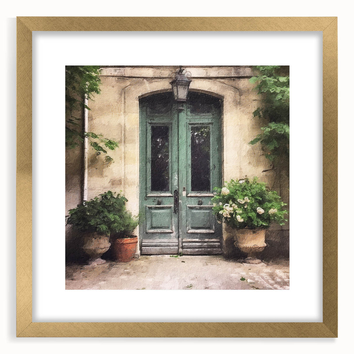 Extra large abstract art print featuring a textured door design in gold tones, framed with matting.