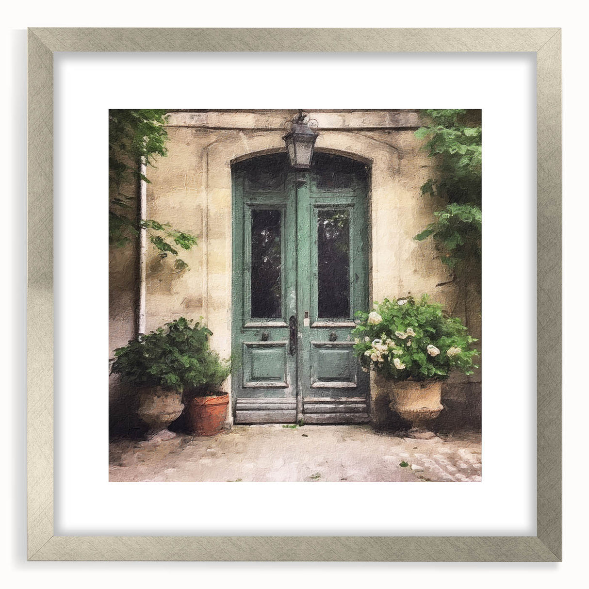 Textured abstract art print depicting an architectural French door, rendered in gray and white tones on a framed silver mat.