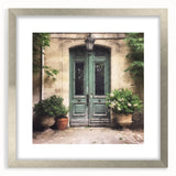 Textured abstract art print depicting an architectural French door, rendered in gray and white tones on a framed silver mat.