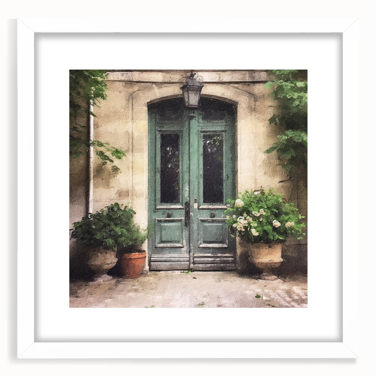Abstract art print of a French door design in black and white, framed with a white mat.