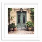 Abstract art print of a French door design in black and white, framed with a white mat.