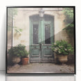 Large abstract wall art featuring a mid-century modernist door design in black and white tones, framed acrylic.