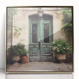 Mid-century modernist framed acrylic print of a French door in gold tones, suitable for modern art wall decor.