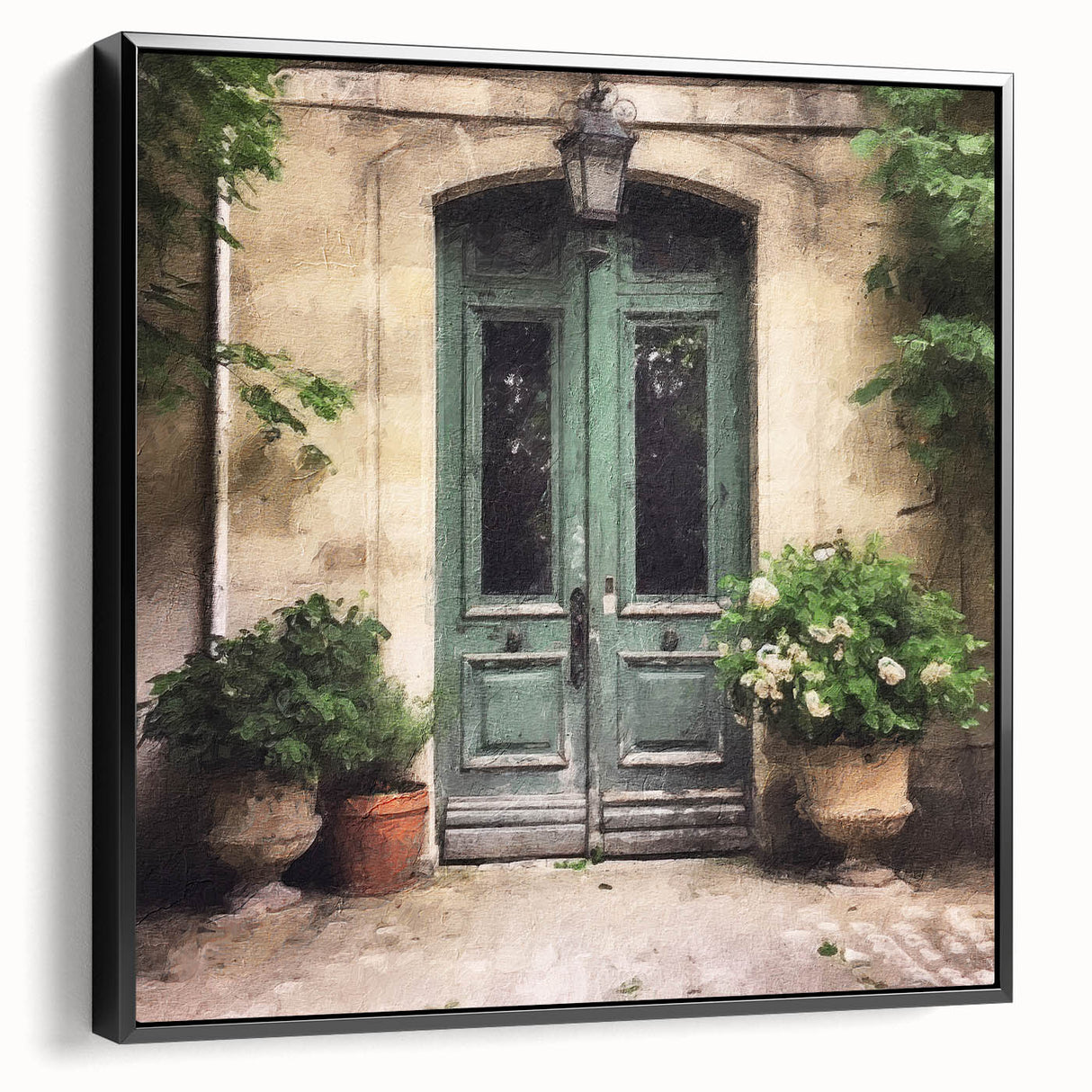 Black and white framed canvas of a vintage-style French door, ideal for bedroom wall art.