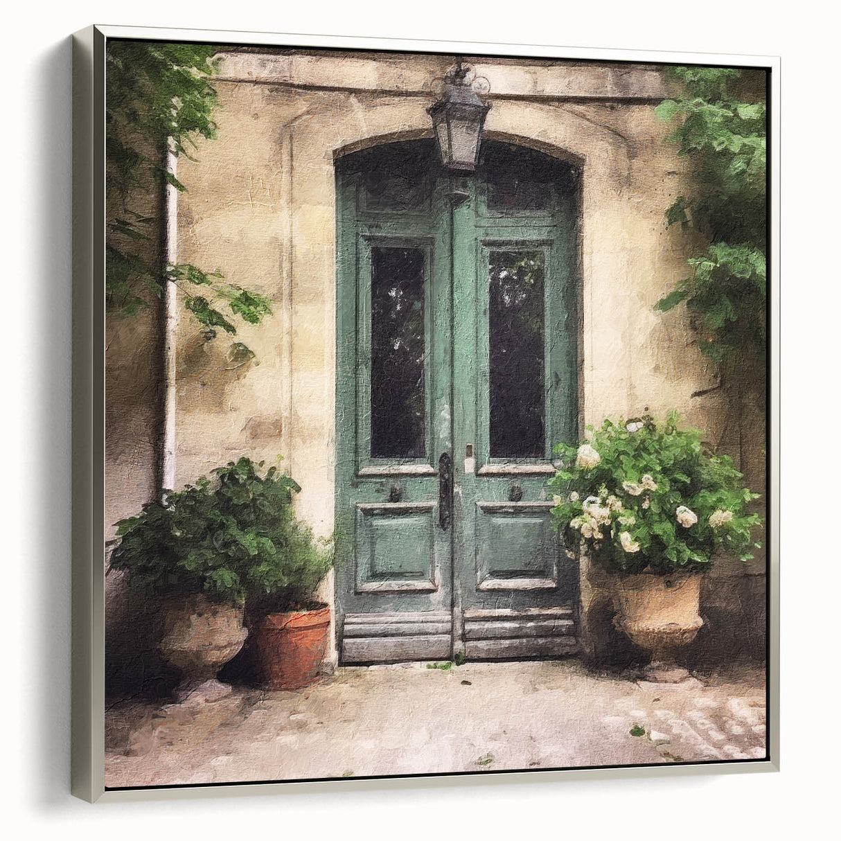 Framed canvas of a vintage-style black door in muted colors, ideal for adding a classic touch to office spaces.