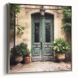 Framed canvas of a vintage-style black door in muted colors, ideal for adding a classic touch to office spaces.