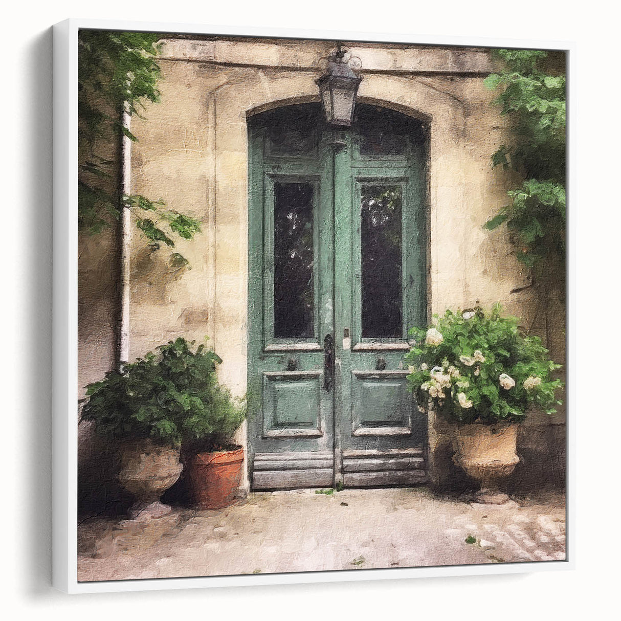 Vintage poster art of a French door, featuring black and colorful accents on a framed white canvas.