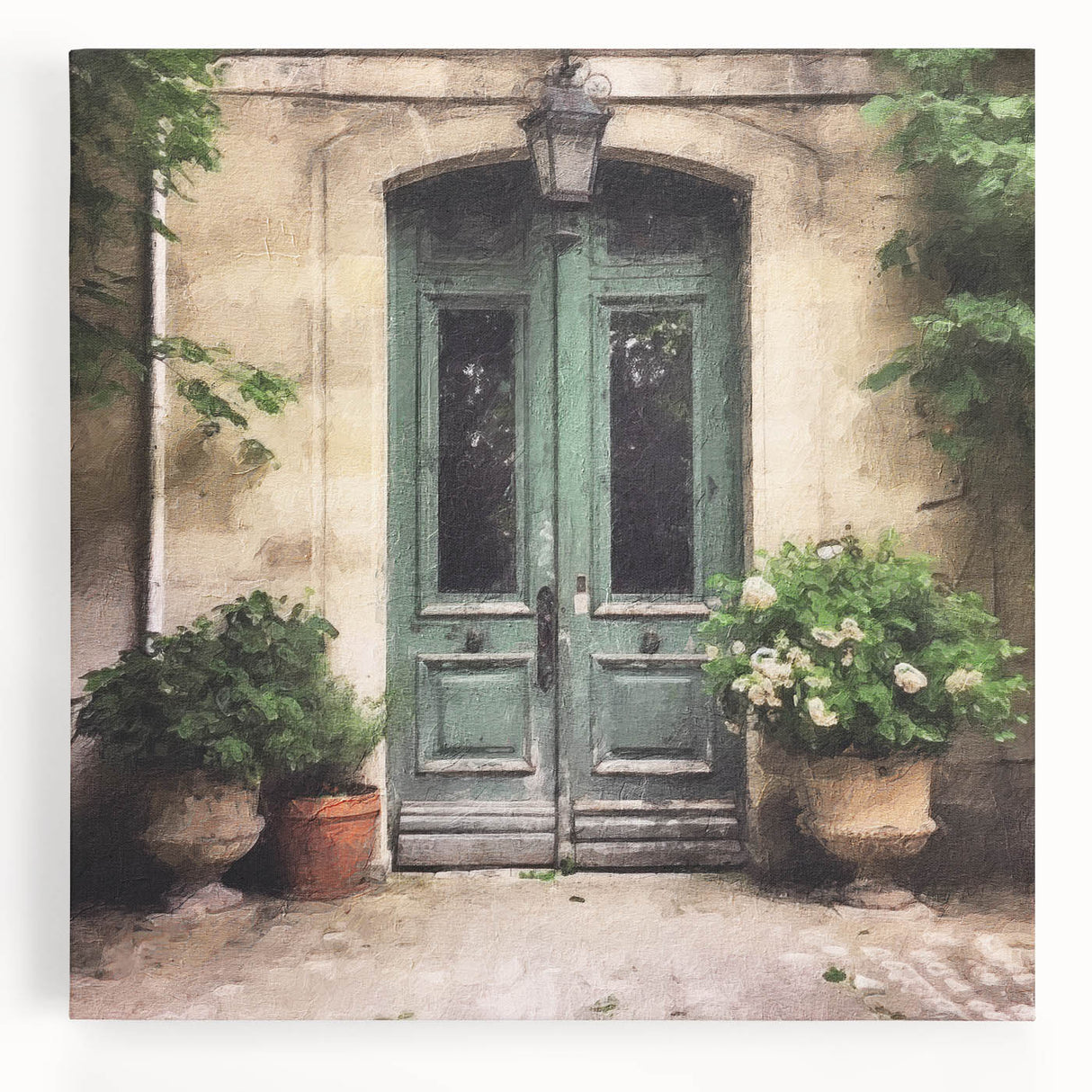 Black and white photo of a French door architecture on stretched canvas, suitable as large kitchen art.