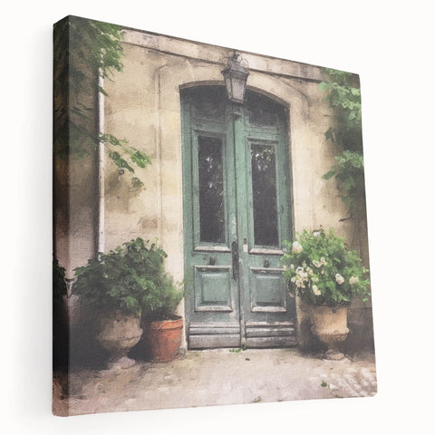 Side view of a large canvas print featuring a detailed French door architecture in neutral tones.