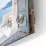 Close-up of a Greek architecture door design on acrylic glass.