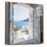 Acrylic print of a Greek architecture door in muted earth tones, ideal for dining room decor.