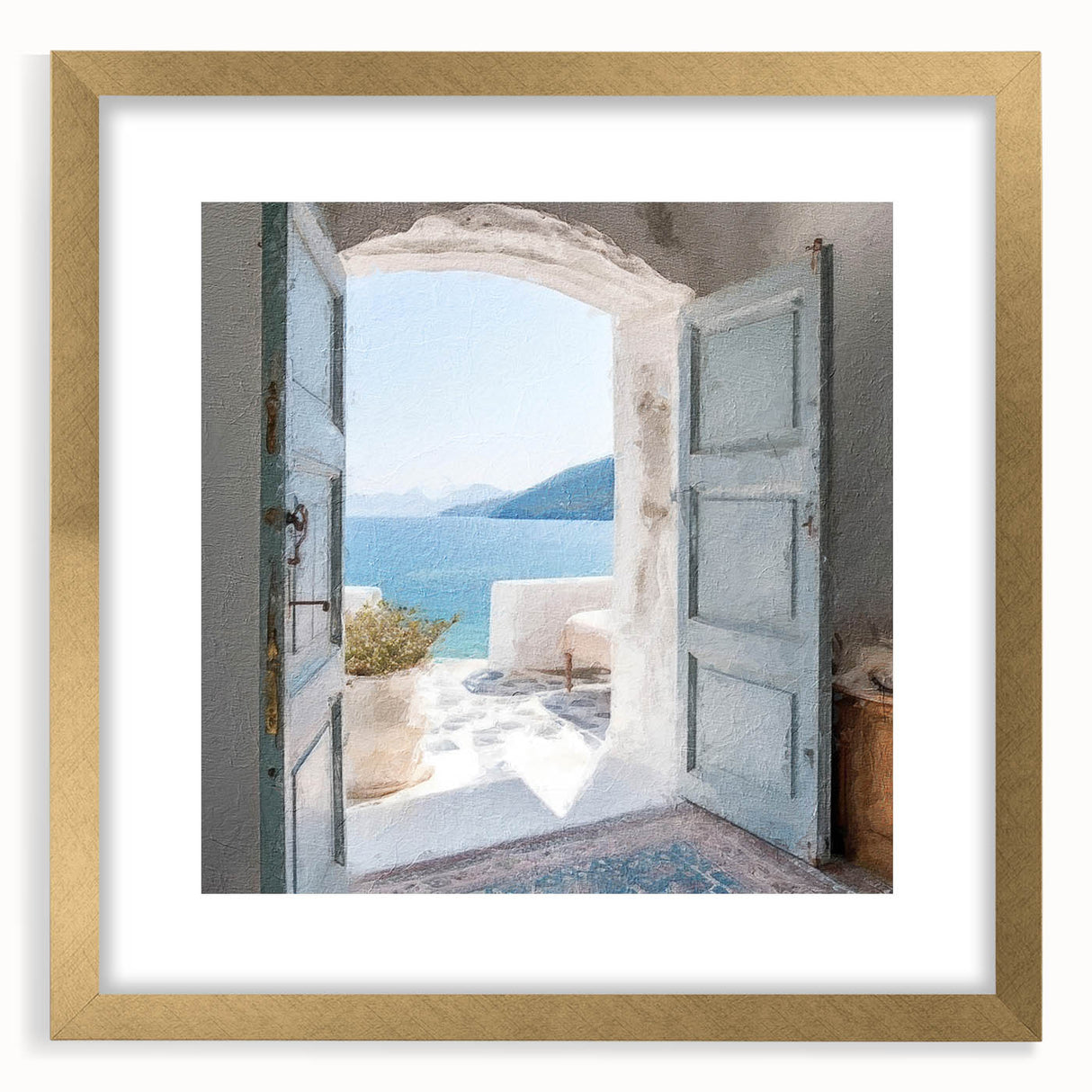 Extra large abstract art print featuring a textured depiction of a Greek door, in muted earth tones, framed with a gold mat.
