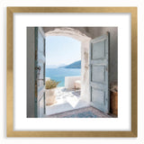 Extra large abstract art print featuring a textured depiction of a Greek door, in muted earth tones, framed with a gold mat.