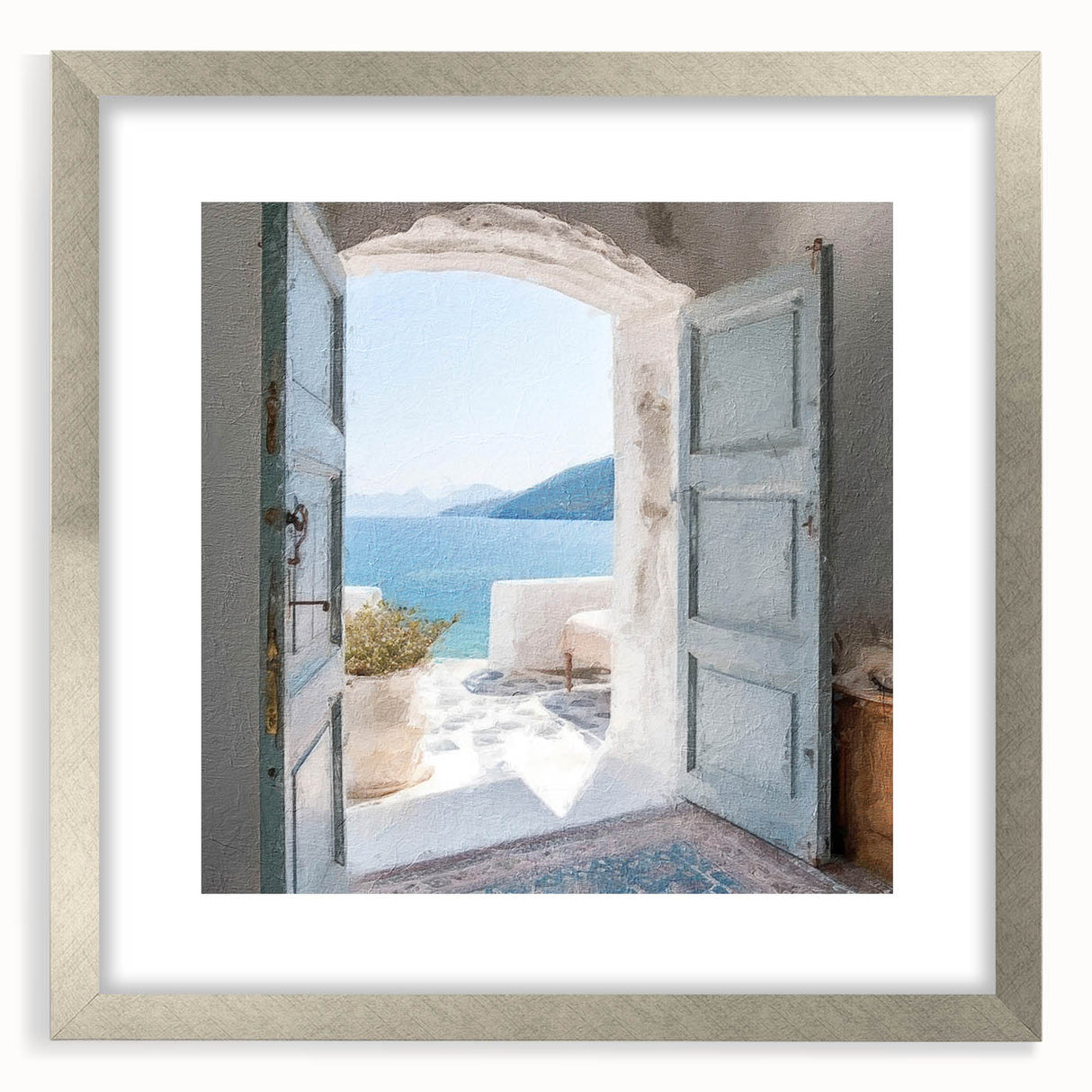Textured art print of a Greek door in abstract style, framed in silver, ideal for bedroom art.