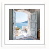Abstract art print of a Greek door, muted earth tones, framed with a white mat, ideal for dining room decor.