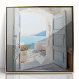 Framed acrylic print of a Greek door design in gold, ideal for modern art wall decor.