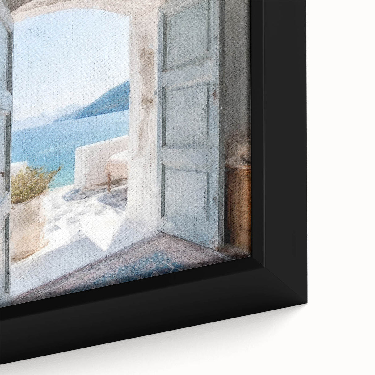 Close-up of a black framed canvas depicting a Greek door design in vibrant, textured colors, ideal for living room decor.