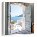 Framed canvas of vintage poster art depicting a Greek door, with a white border, ideal for living room decor.