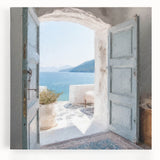 Black and white photograph of a Greek architecture door on stretched canvas, ideal for kitchen wall art.