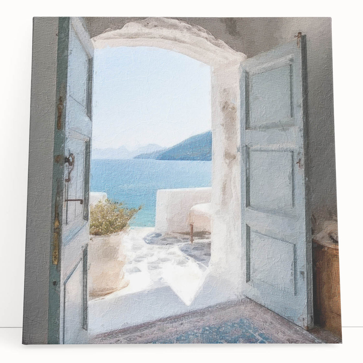 Large black and white photograph of a Greek architecture doorway printed on stretched canvas, ideal for kitchen wall art.