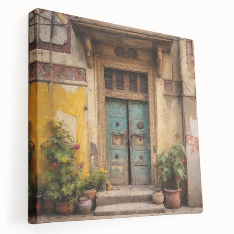 Large art depicting an Indian architecture door in earthy tones on stretched canvas, suitable for kitchen wall art.