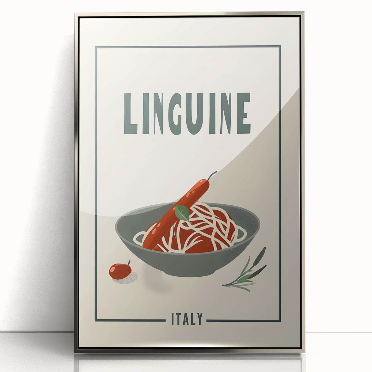 Mid-century modernist art featuring abstract dishes in silver tones on a framed acrylic print.