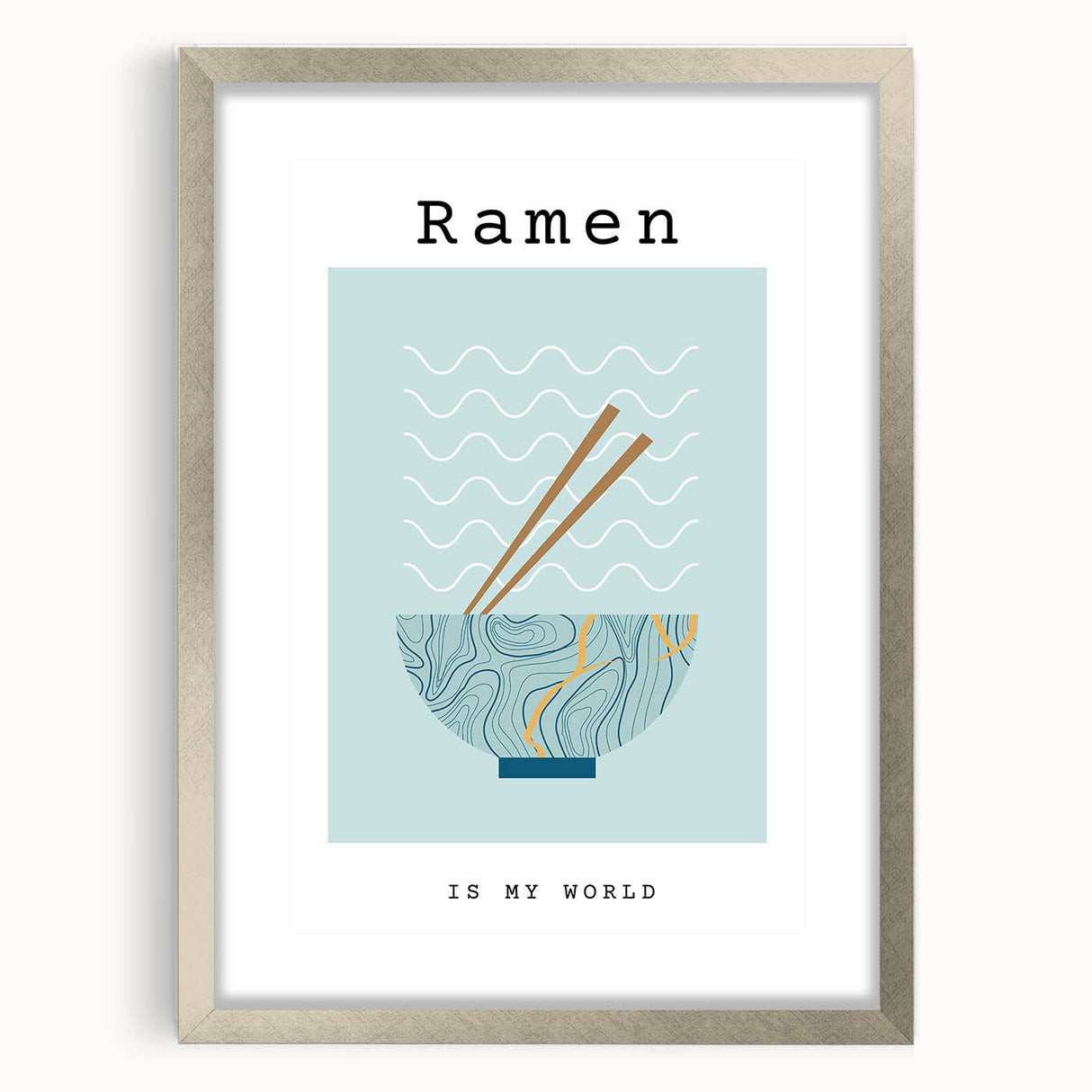 Textured art depicting abstract food dishes in muted earth tones, framed with a silver mat.