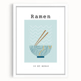 Abstract art print featuring assorted food dishes in vibrant colors on a white framed mat, ideal for dining room decor.