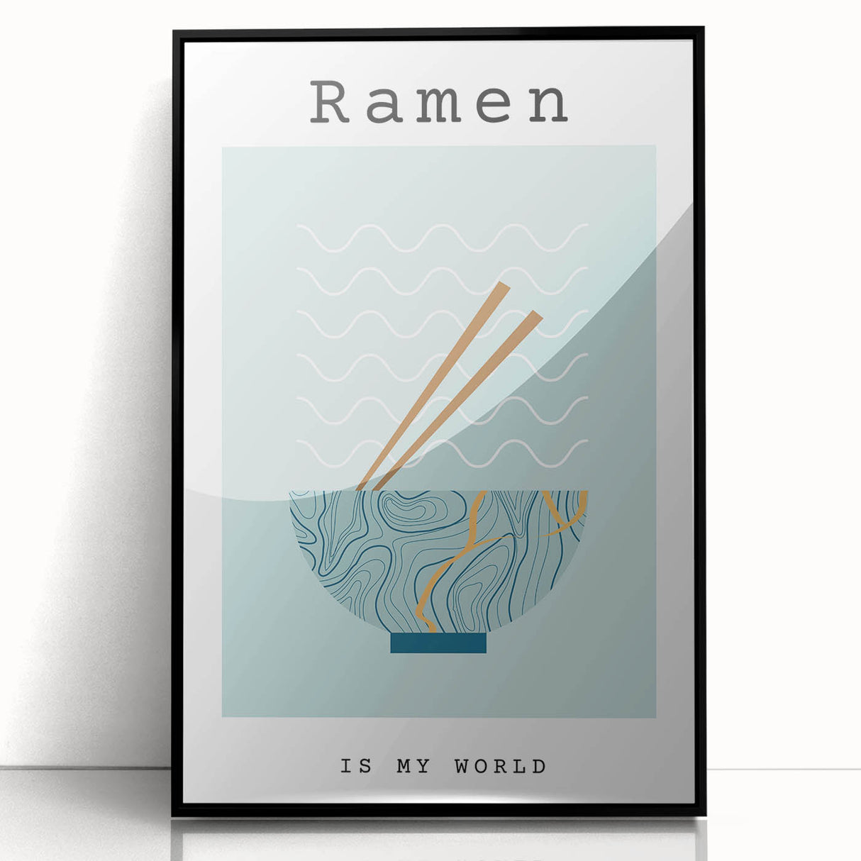 Large abstract wall art featuring assorted food dishes in muted colors, framed in black acrylic.