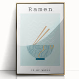 Large art print of various colorful food dishes on a gold-framed acrylic, in a mid-century modernist style.