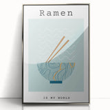 Mid-century modernist art depicting various food dishes in muted colors on a framed acrylic print.