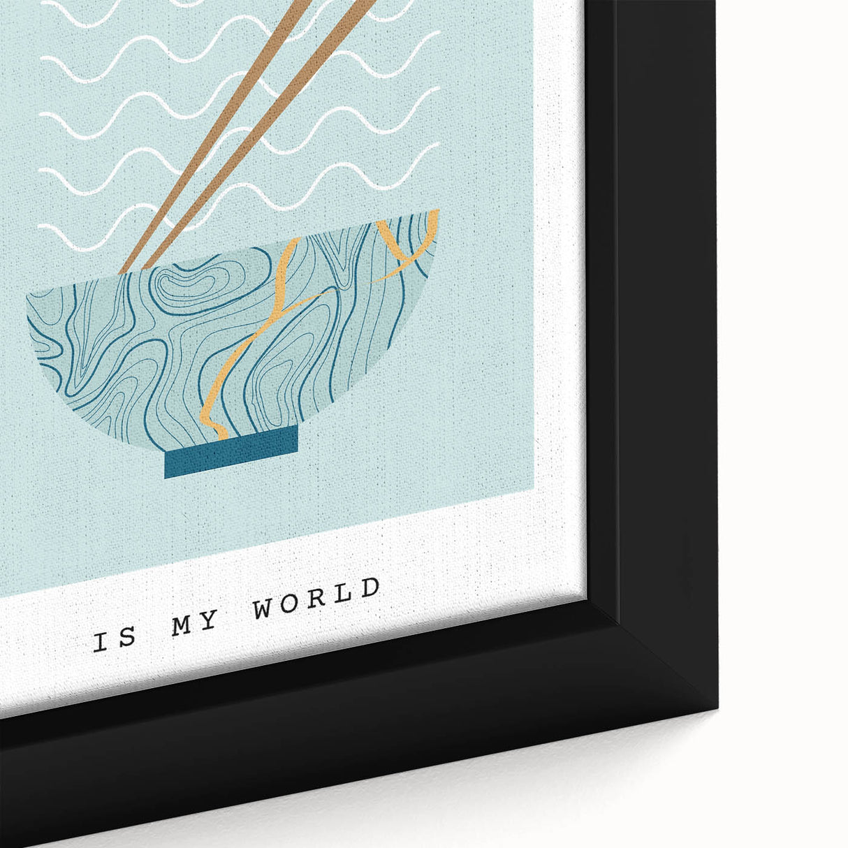 Close-up of a framed canvas featuring black wall art with colorful, textured depictions of various food dishes.