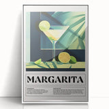 Art deco poster of assorted beverages in vibrant colors, framed acrylic, ideal for modern kitchen decor.