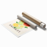 Extra large rolled print featuring an array of fruits and floral elements in vibrant colors.