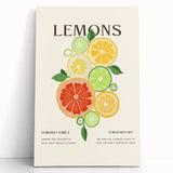 Large black and white canvas print of assorted fruits, ideal for kitchen wall art.