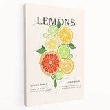 Side view of a large stretched canvas featuring vibrant illustrations of assorted fruits, ideal for kitchen wall art.