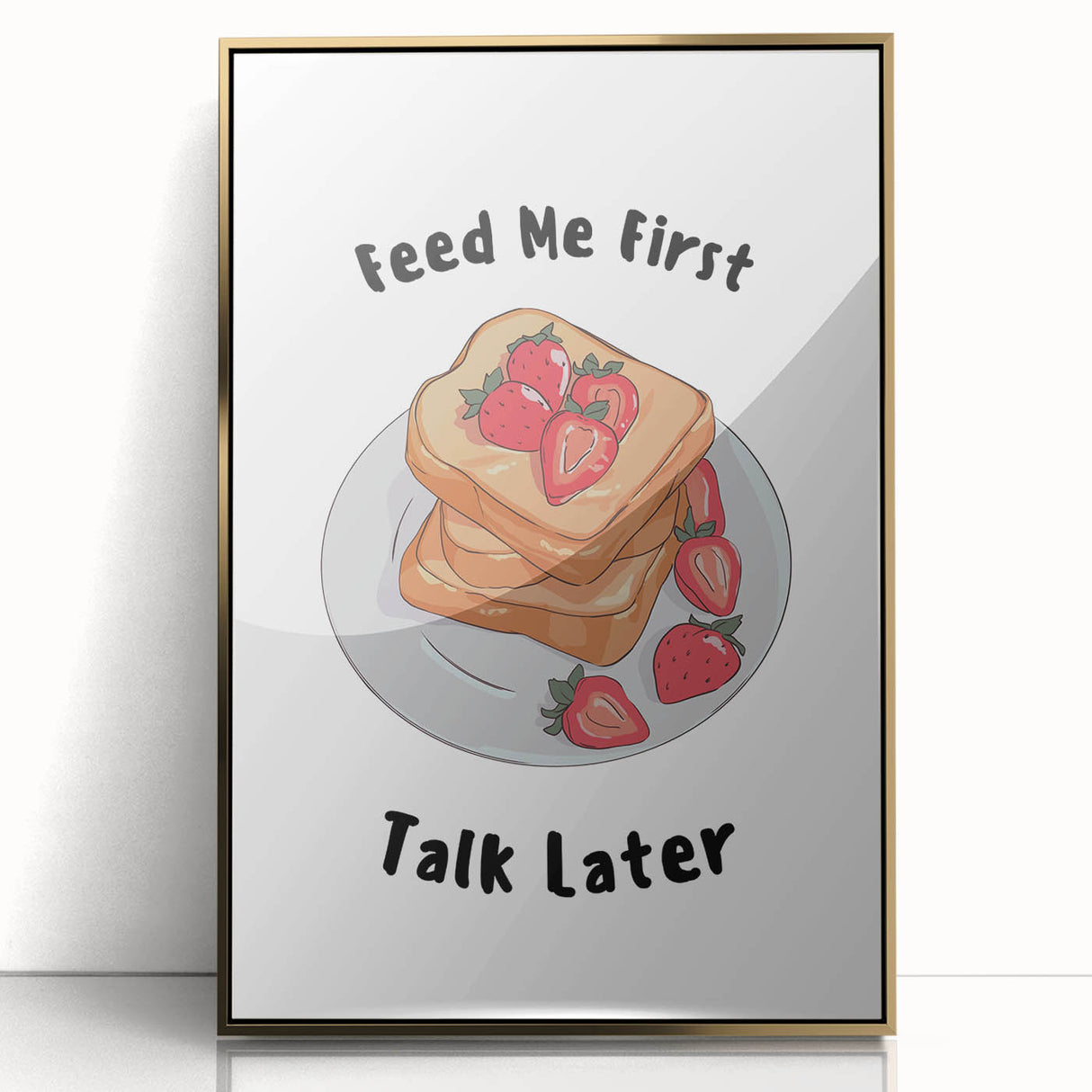 Large art print of a mid-century modernist food-inspired design in gold and white, framed in acrylic.