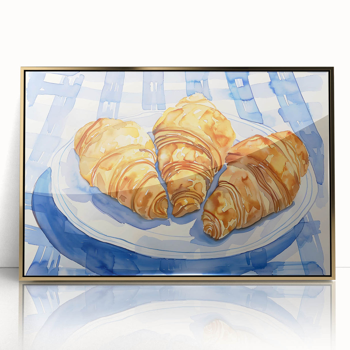 Large art print of assorted pastries in vibrant colors on a gold acrylic framed canvas, suitable for modern kitchen decor.