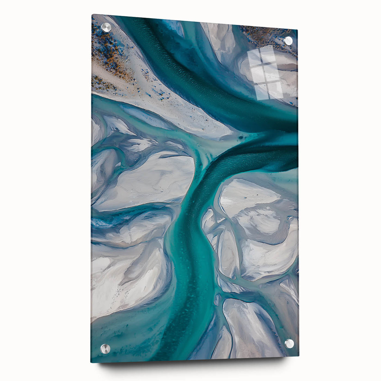 Acrylic glass artwork showcasing a stunning desert landscape with dunes, displayed from a side view and secured with decorative pins, perfect for modern decor.