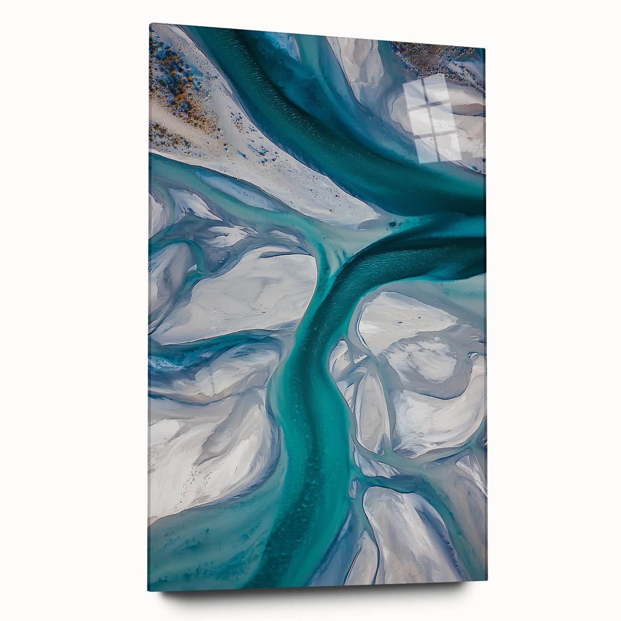 Acrylic side view of a modern landscape artwork depicting rolling sand dunes, showcasing vibrant colors and smooth glass finish, perfect for contemporary decor.