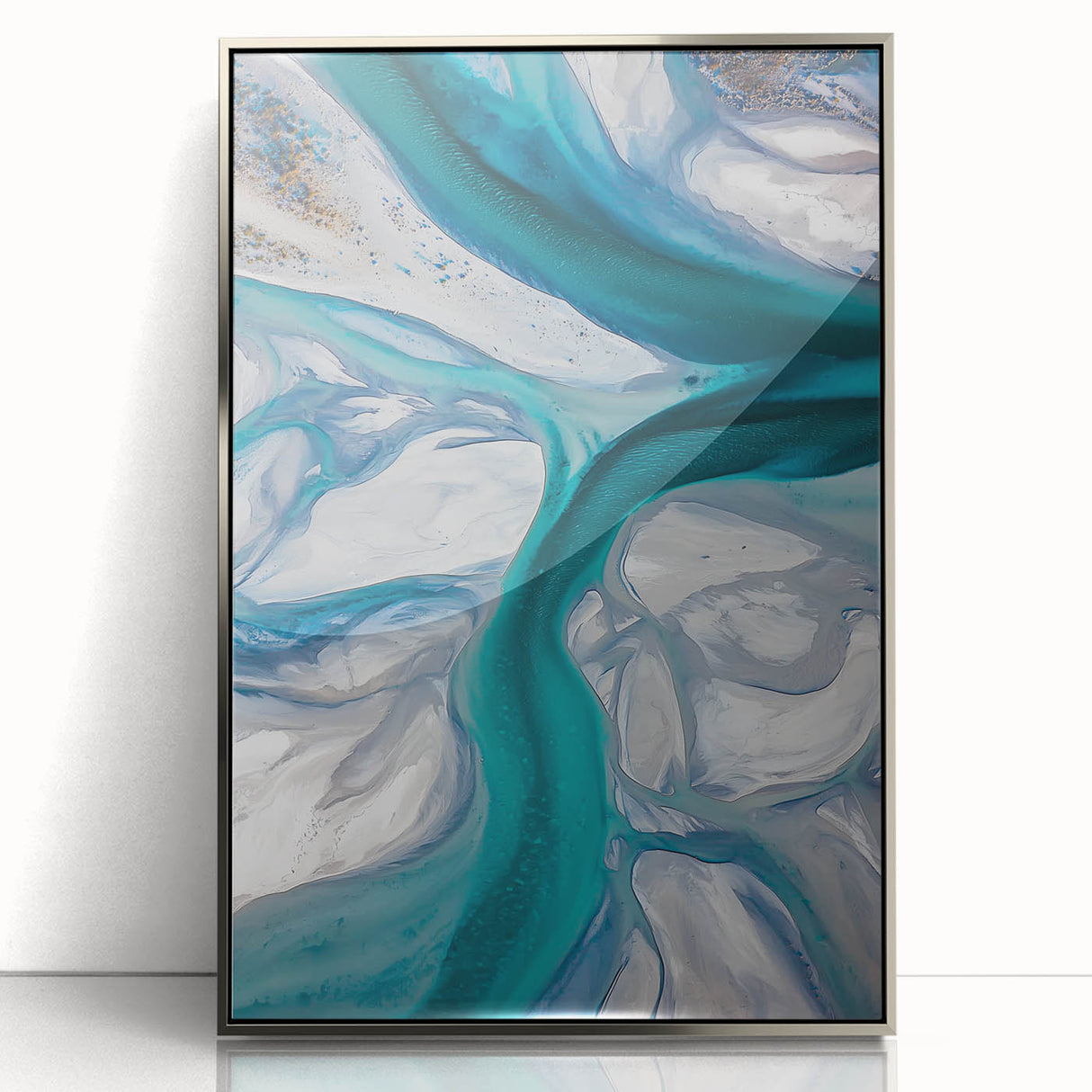 Framed acrylic artwork showcasing a serene desert landscape with golden dunes and a silver frame, perfect for modern home decor and art enthusiasts.