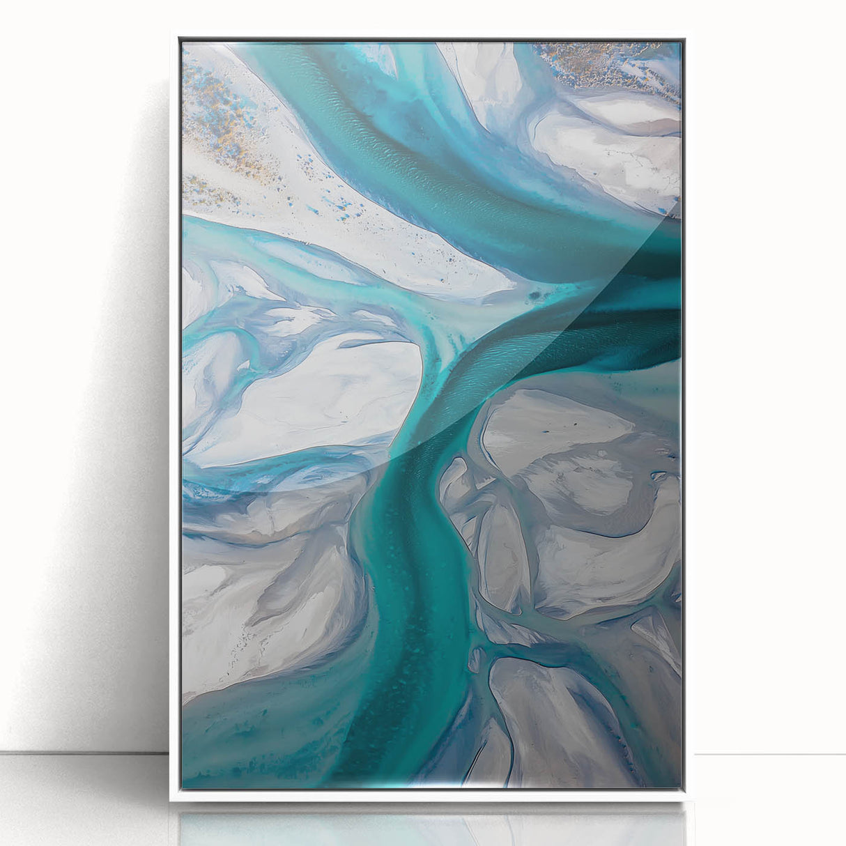 Framed acrylic artwork showcasing serene desert dunes landscape in soft beige and warm tones, set against a modern white frame, ideal for home decor.