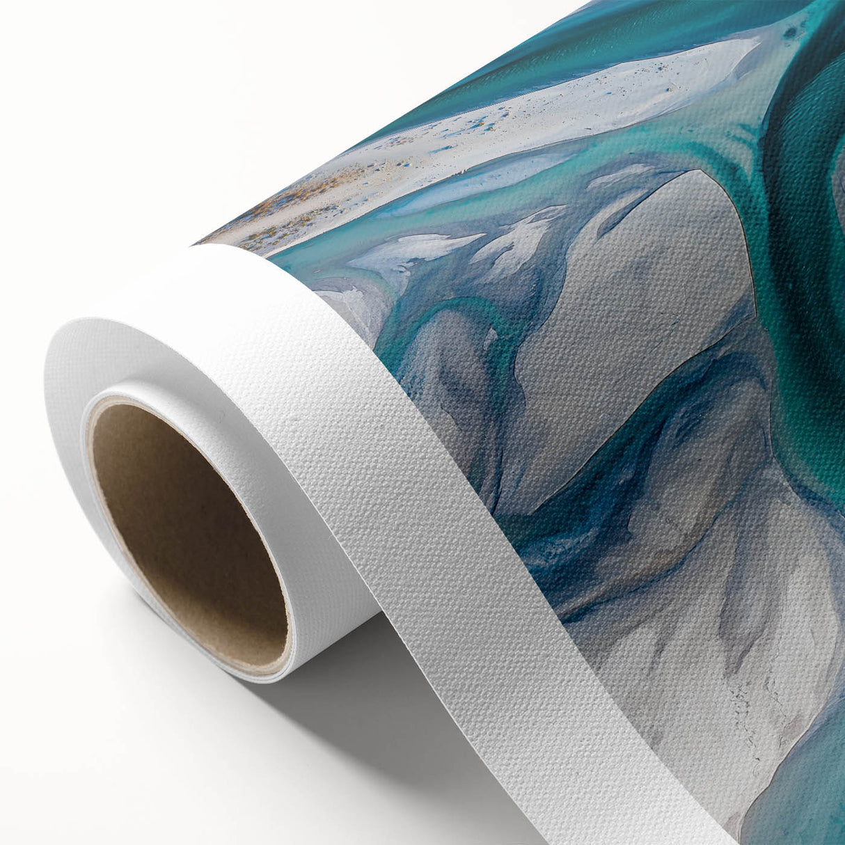 Rolled canvas artwork showcasing a stunning desert dune landscape, featuring warm earth tones and soft gradients, elegantly packaged in a protective tube for safe delivery.