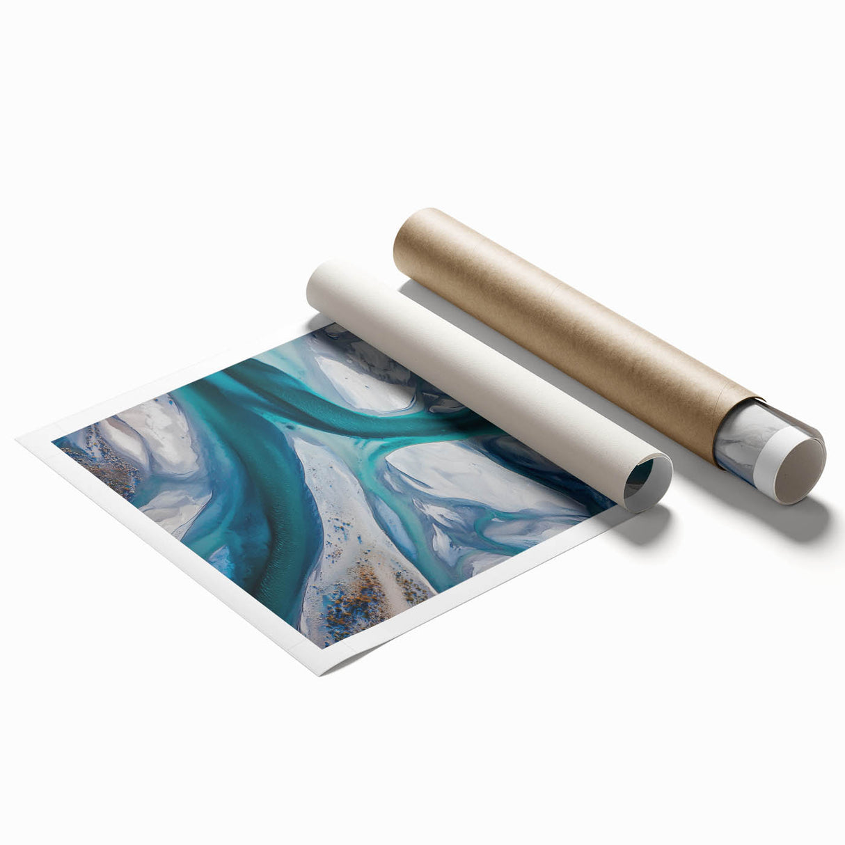 Desert landscape rolled print showcasing undulating sand dunes in warm golden hues, beautifully packaged in a protective cardboard tube for easy transport. Ideal for enhancing home decor with a touch of nature's beauty.