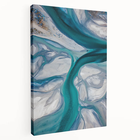 Stretched canvas artwork depicting colorful desert dunes at sunset, showcasing vibrant orange and yellow hues with intricate shadow details, ideal for home decor.